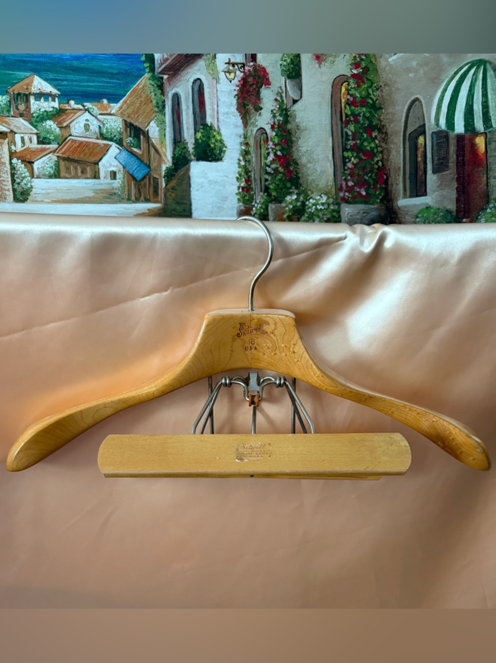Vintage USA wooden Setwell clothing hanger with clamp